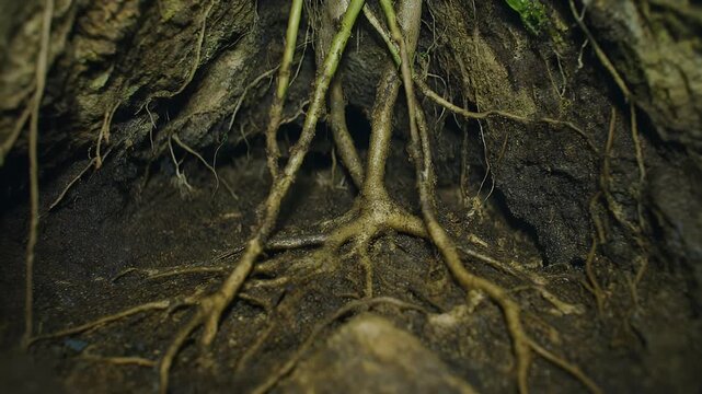 Intricate network of tree roots exposed in a cross-section of dark, rich soil, highlighting the hidden foundation of plant life.