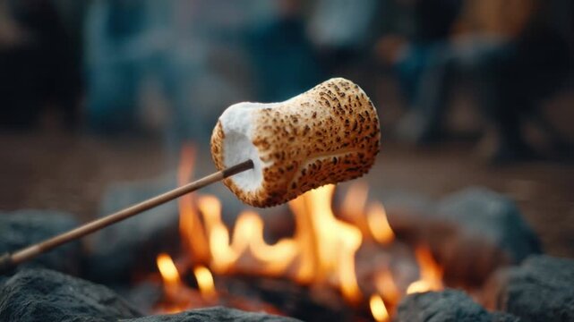 Close-up of perfectly toasted marshmallow on stick roasting over open campfire flame during outdoor evening gathering in nature setting