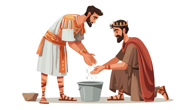 Biblical scene of a king washing feet of a servant in a gesture of humility and service