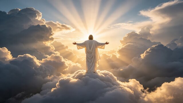 Jesus Christ standing on clouds with arms open wide, divine light rays shining from behind, heavenly spiritual background, religious concept of salvation and resurrection.