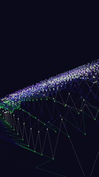 Glowing neon grid forms futuristic bridge structure in dark space