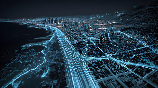 Glowing blue city map with neon lights at night