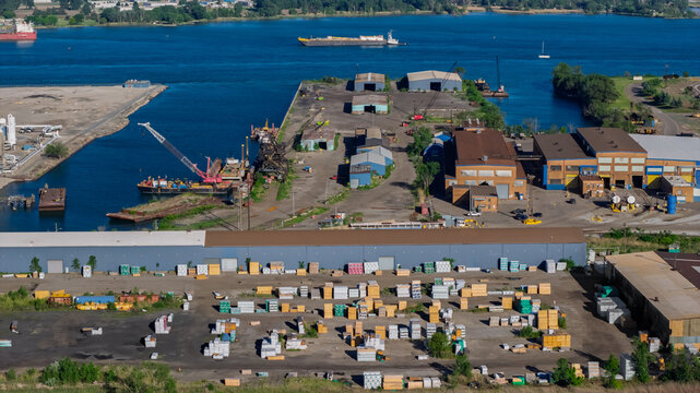 Aerial view river port industrial area logistics along Detroit river.