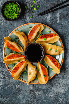 Dumplings served on a plate with green onions