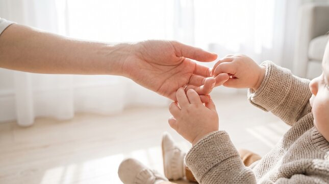 Mother holding baby hand gently indoors during a bright sunny morning