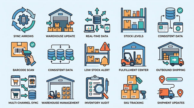 Warehouse management system icons illustrate inventory control processes and logistics operations.