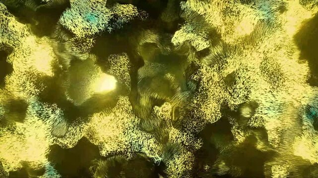 The visuals are dominated by a blend of bright golden-yellow hues and touches of bluish-turquoise accents set against a dark background.