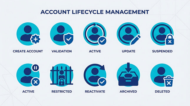 Account lifecycle management icons illustrate create, validation, active, update, and delete stages with various symbols.