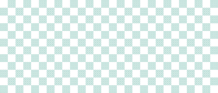 A decorative teal greenish blue checkered pattern design with intricate geometric shapes.