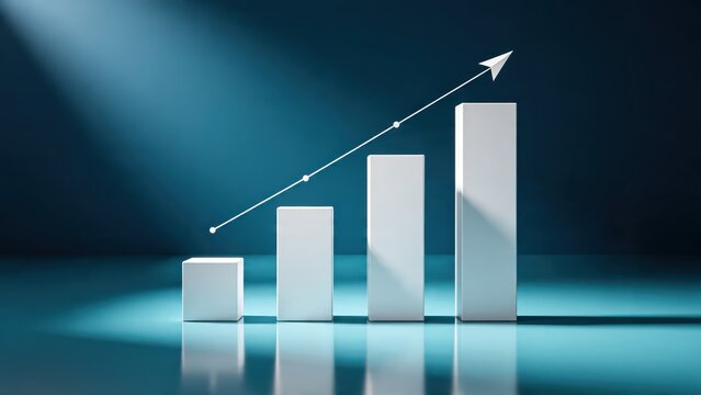 Abstract 3d growing bar chart with upward arrow indicating financial profit increase and business success growth trend