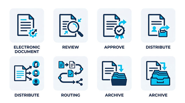 Business workflow icons show document review, approval routing and distribution.