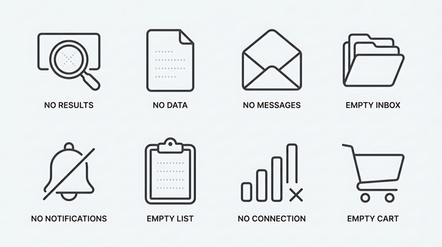 Graphic illustrations show various empty states icons for messages, data, notifications, and cart on a digital interface