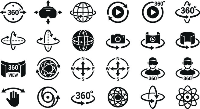 Virtual reality 360 degree view and panorama vector icon set