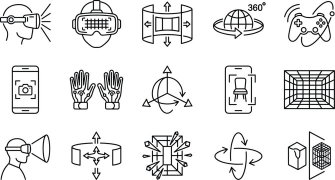 Virtual reality and augmented reality technology thin line icon set