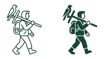 Naklejka premium Adventurous Hiker with Falcon Companion: A stylized illustration depicts a hiker carrying a backpack and a pole with a falcon perched atop, symbolizing exploration and connection with nature.