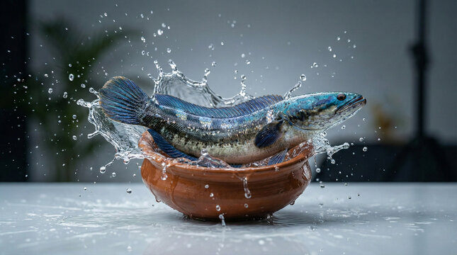 Dynamic shot of a live snakehead fish splashing out of a traditional earthenware clay pot filled with water on a clean table with copy space