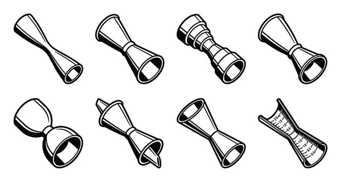 Eight line art illustrations of diverse cocktail jiggers, essential bar tools for precise drink measurement.
