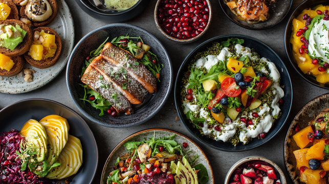 Collection of colorful diabetic friendly meals arranged in flat lay composition, natural window light, Scandinavian style, magazine quality, hyper realistic, ultra detailed textures, commercial food