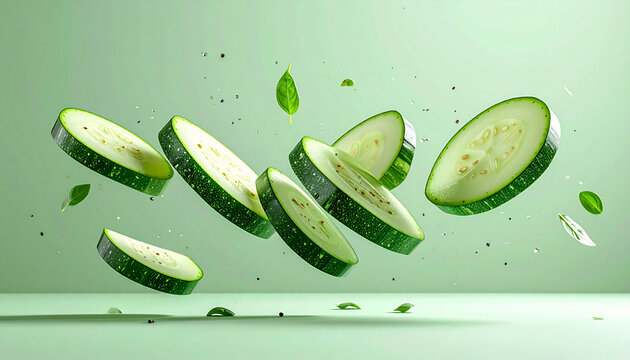 Hochwertige Studio-Produktfotografie von frischen gr&uuml;nen Zucchinispalten und Zucchinischeiben schwebend im Raum, monochrome salbeigr&uuml;ne Farbpalette, einfarbiger matter hellgr&uuml;ner Hintergrund
