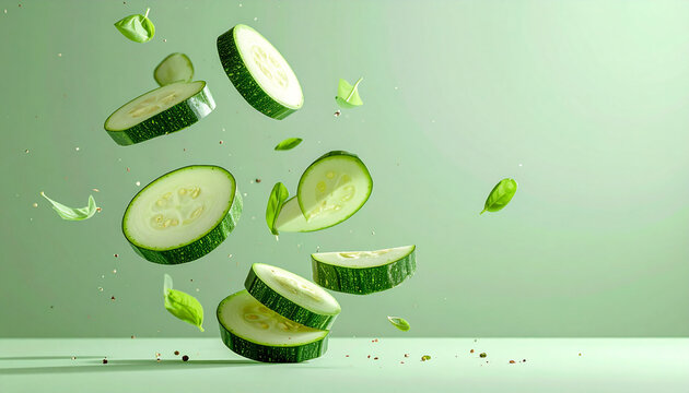 Hochwertige Studio-Produktfotografie von frischen gr&uuml;nen Zucchinispalten und Zucchinischeiben schwebend im Raum, monochrome salbeigr&uuml;ne Farbpalette, einfarbiger matter hellgr&uuml;ner Hintergrund