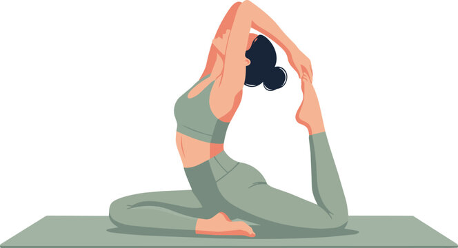 Vector illustration of a young woman in green sportswear practicing the one-legged king pigeon yoga pose on a mat, isolated on a white background, representing wellness and mindfulness.