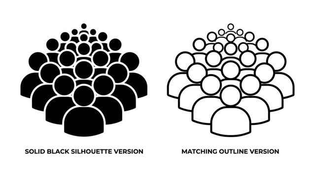 Audience Icons: A visual representation of people in silhouette, showcasing both solid black and outline versions of crowd icons, perfect for illustrating concepts of community and scale.