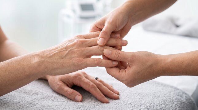 Physical therapist massaging the hand of a senior patient in clinic