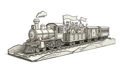 Vintage Steam Locomotive Train Illustration on Tracks. © Wannaki