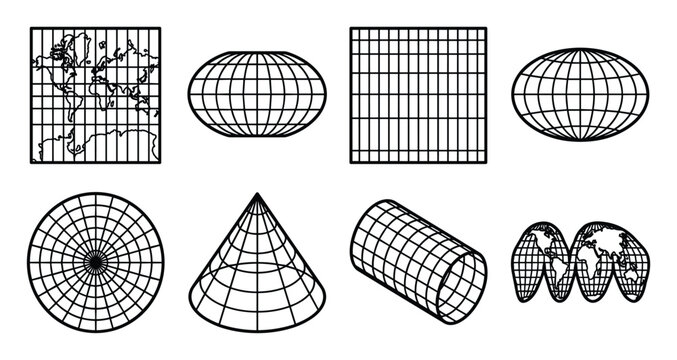 Map projection grid distortion diagrams, showing various global and rectangular representations.