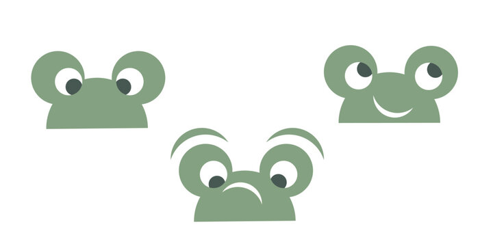 Funny Frog Faces Cartoon Vector Set. Set of funny cartoon frog faces with different emotions and expressions. Minimal flat vector illustration for kids design, stickers, games, and apps.