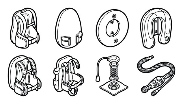 Outline illustrations of scuba diving buoyancy compensator devices and essential dive gear