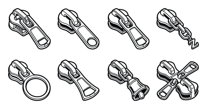 Outline illustrations of zipper sliders and pull tabs. Eight line art icons.