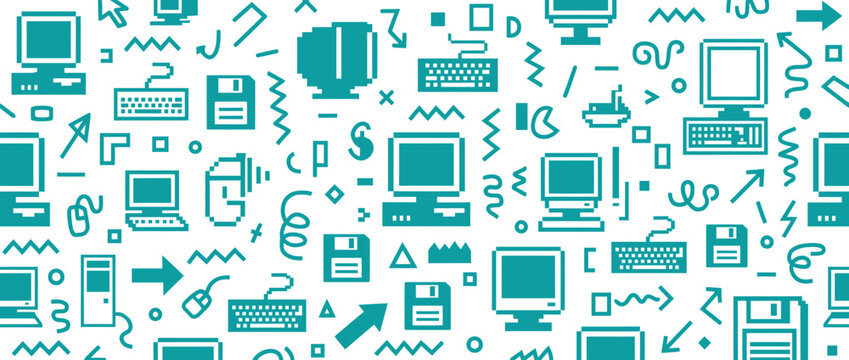 Retro Computer Pattern: Pixel Art Icons of PCs, Laptops, Floppy Disks & Mice