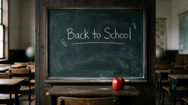 Back to school message on old blackboard in empty classroom with red apple blackboard classroom