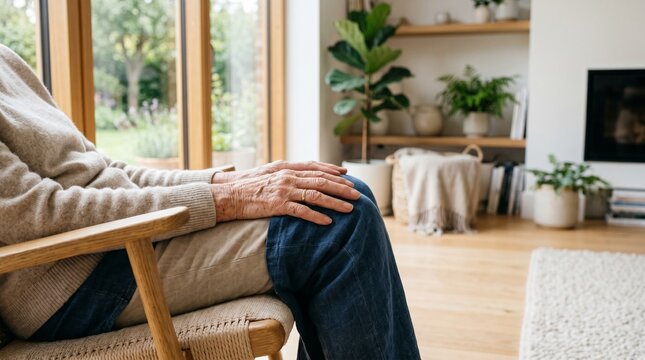 Senior woman resting hands on lap while sitting in a cozy living room