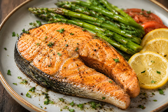 Grilled Salmon Steak with Asparagus and Lemon Close Up