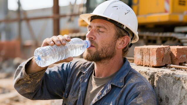 A tired construction worker in a hard hat takes a refreshing drink of water on a hot sunny day.