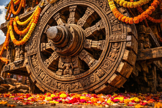 Intricate traditional wooden carvings of Jagannath Rath wheel decorated with marigold flowers during Rath Yatra festival.


