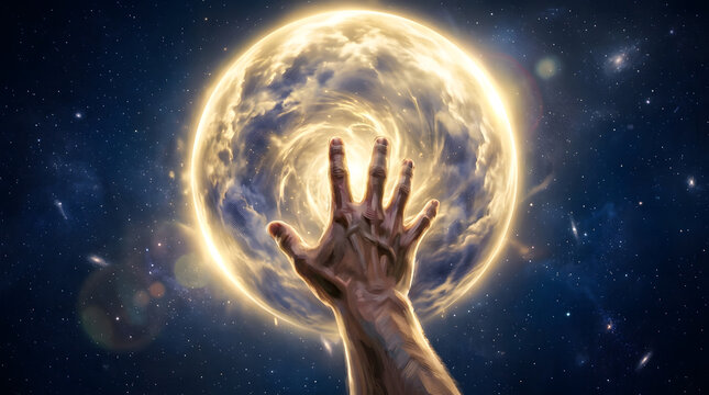 Human hand reaching towards a swirling cosmic portal of light and energy in outer space amidst distant galaxies and stars