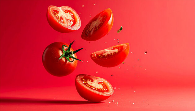 Hochwertige Studio-Produktfotografie von frischen roten Tomatenscheiben schwebend im Raum, monochrome rote Farbpalette, einfarbiger matter roter Hintergrund, weiche Schatten