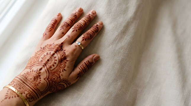 Close up of a woman's hand adorned with intricate henna mehndi designs and a delicate ring on a textured fabric background