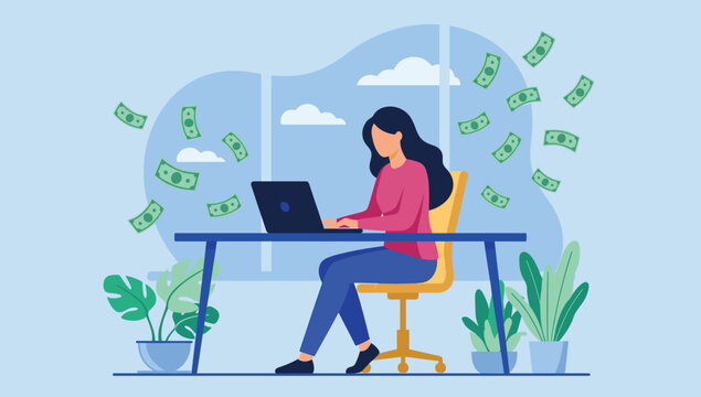 Businesswoman typing on laptop with money floating around . Freelance online income concept, flat design vector illustration .