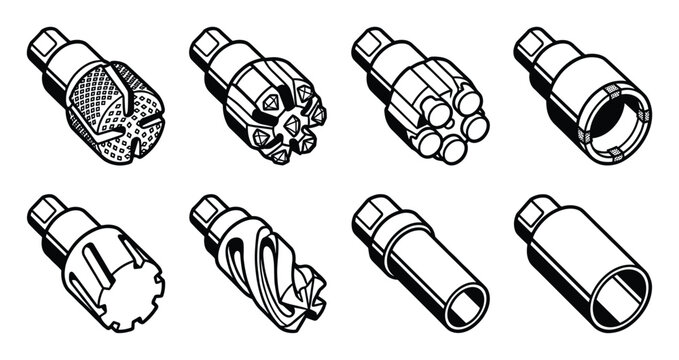 Set of outline vector icons illustrating various geological core sample drill bits for drilling.