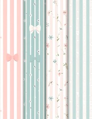 A pastel-colored wallpaper design featuring vertical stripes and floral patterns