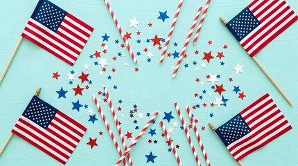 Fototapeta premium 4th of july patriotic celebration american flags stars stripes confetti on teal