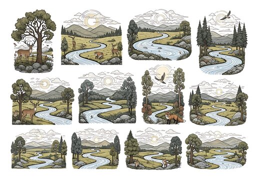 Series of Artistic Landscape Illustrations Depicting Various Natural Scenery.