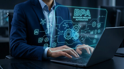 Fototapeta premium Man using laptop for business process automation BPA digital technology