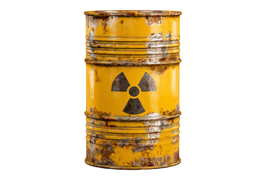 Rusty yellow metal barrel with a radioactive symbol, used for hazardous waste storage isolated on white background, Clipping Path, png