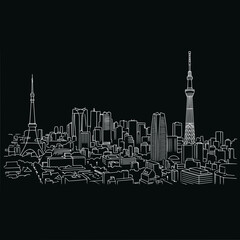 Obraz premium Tokyo Skyline White Line Art on Black Background, Iconic Landmarks