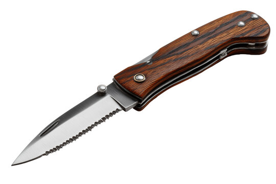 Folding pocket knife with serrated blade and wood handle isolated on white background, Clipping Path, png